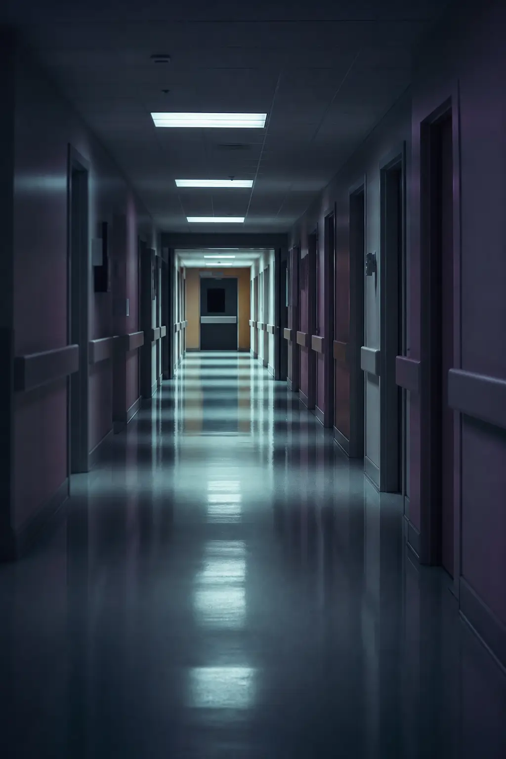 A hospital corridor at night with cyan floor light