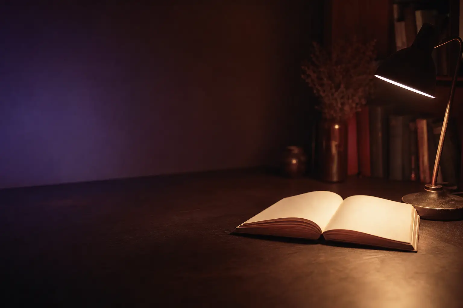 A pool of warm lamplight falling across an open book on a desk
