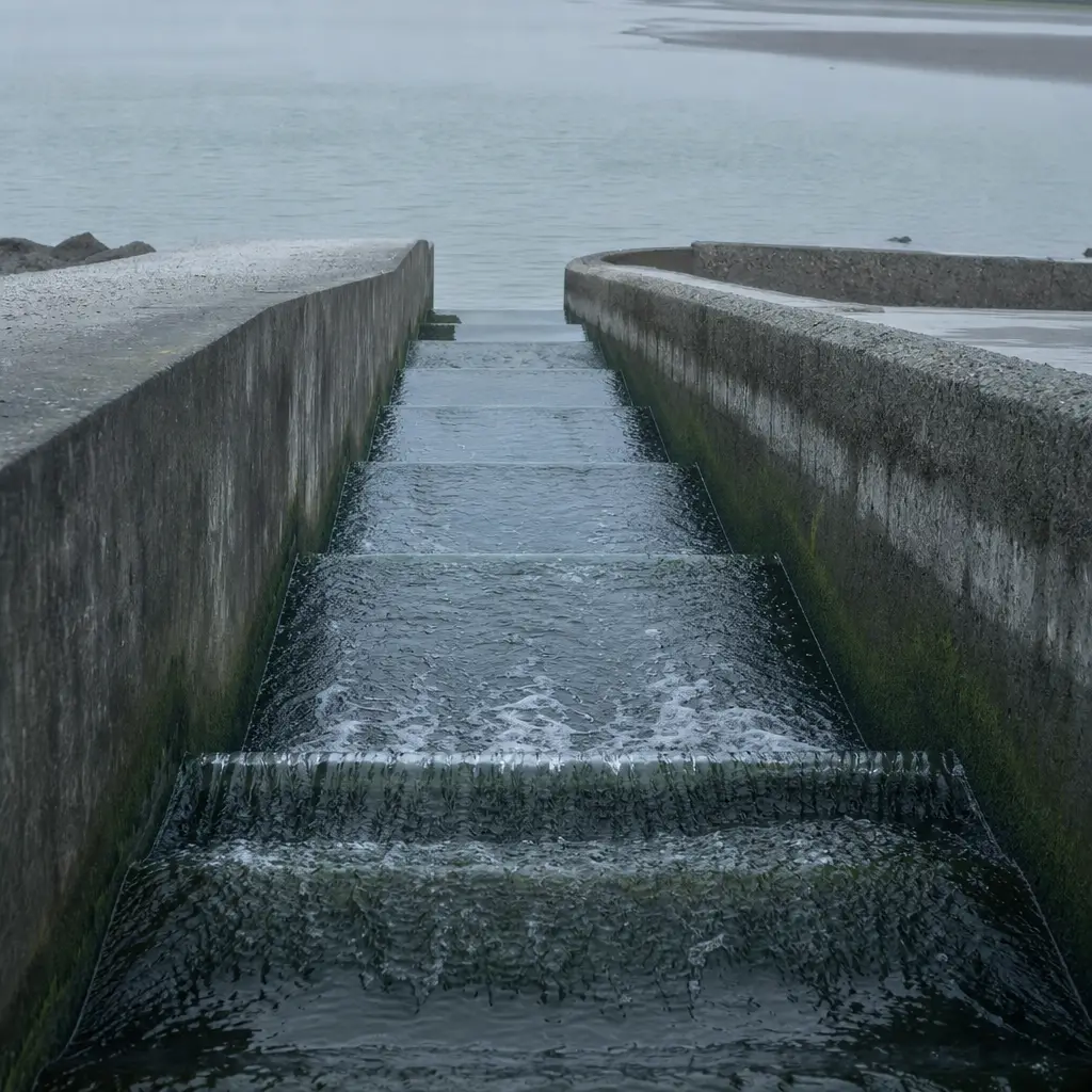 A stepped concrete sluice with green algae on the wet stone