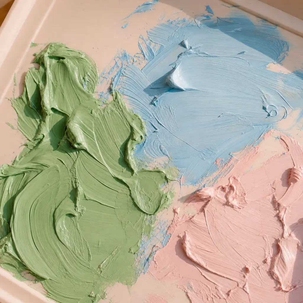 Thick poster paint mixed on a tray in green and pink