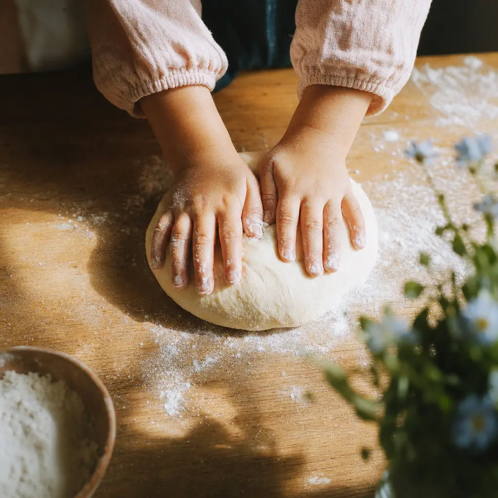 Small hands pressing dough on a floured table