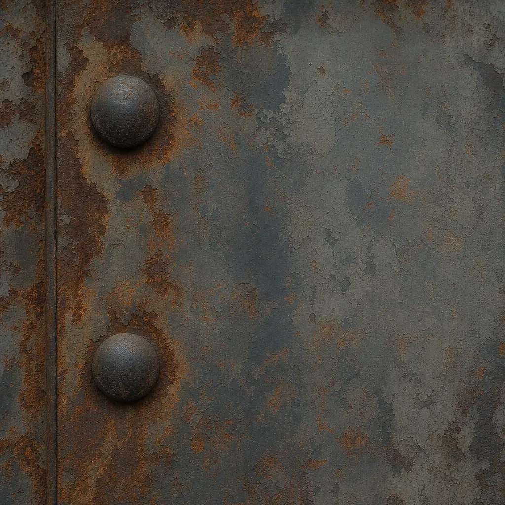 Close-up of oxidised steel plate with rivets