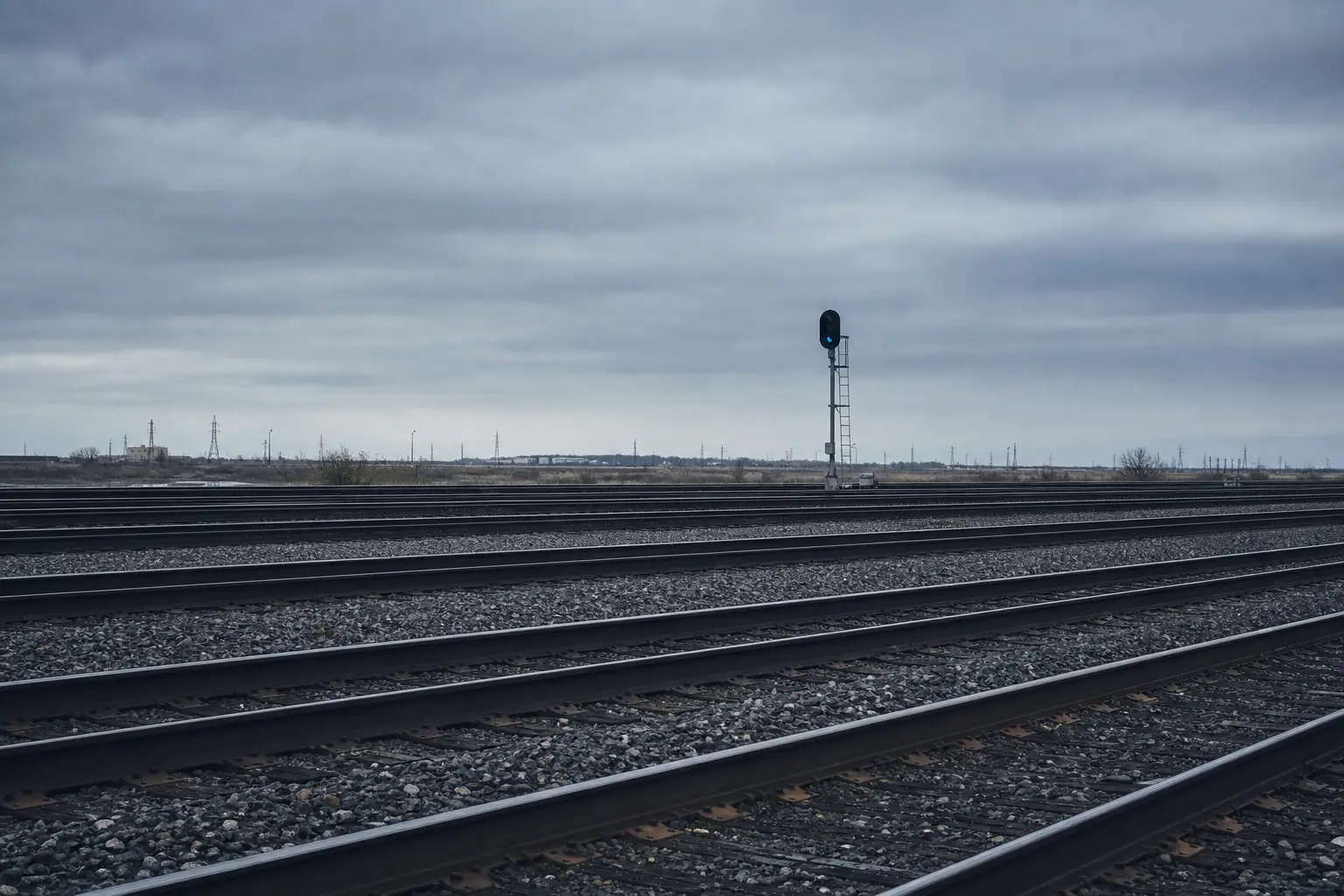A freight yard of empty track under a grey sky