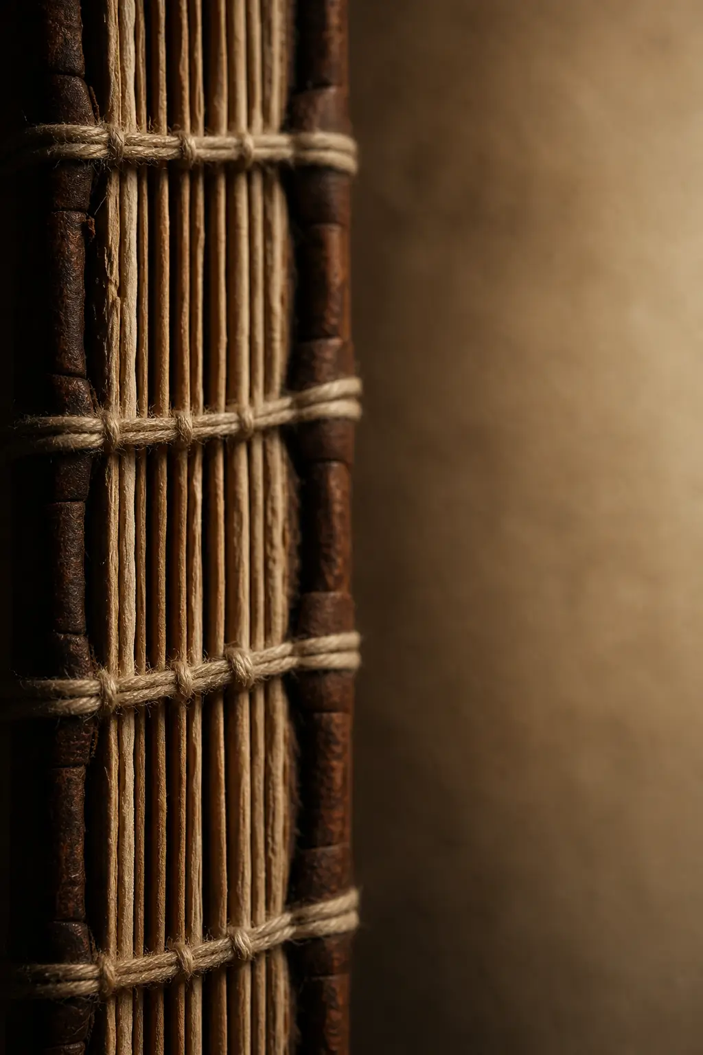 The sewn spine of an old book in raking light