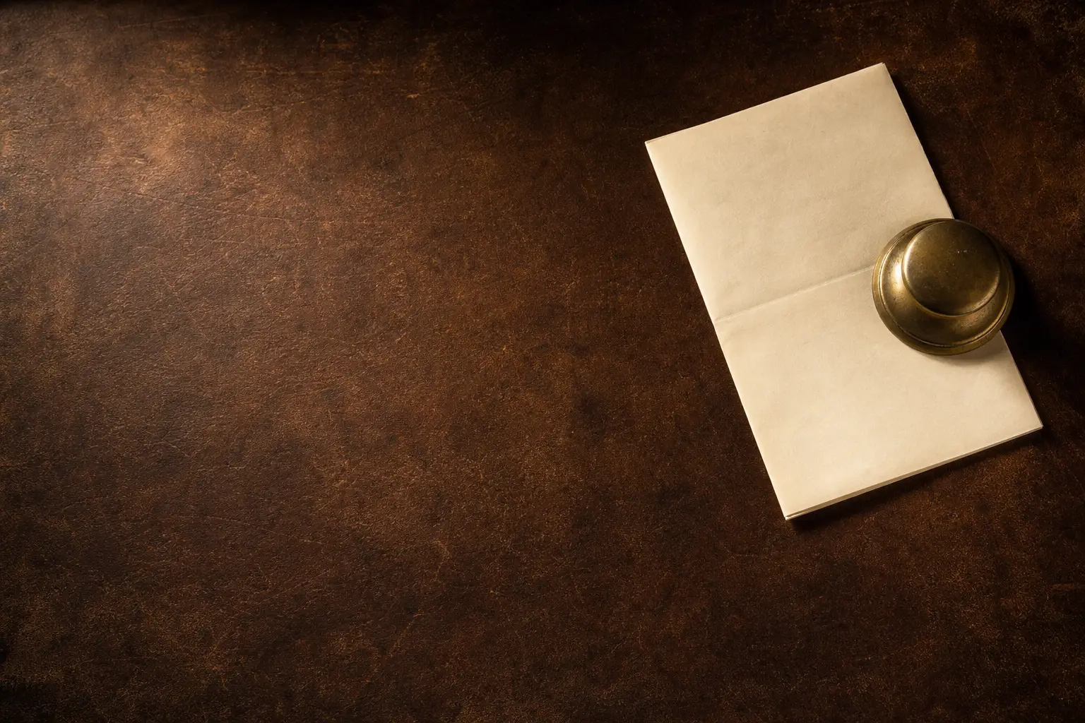 A leather desktop with a folded letter and a brass weight