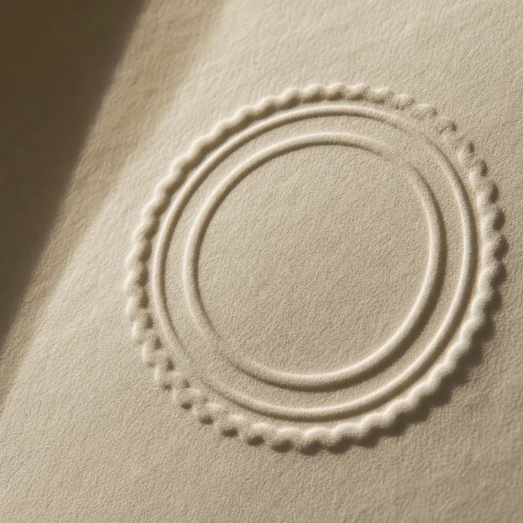 A blind-embossed seal pressed into ivory paper