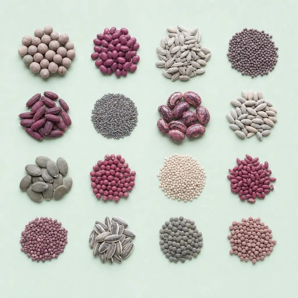 Assorted seeds arranged in a grid on pale paper