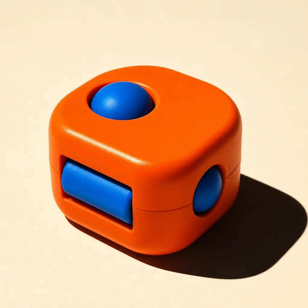 A bright orange object on a cream backdrop with a hard shadow