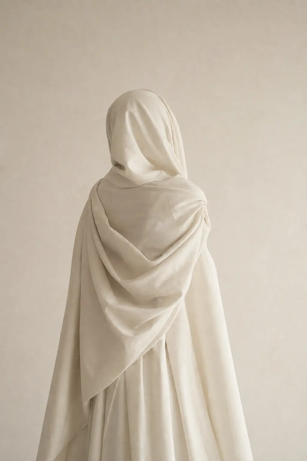 A draped figure in ivory fabric against a bone wall