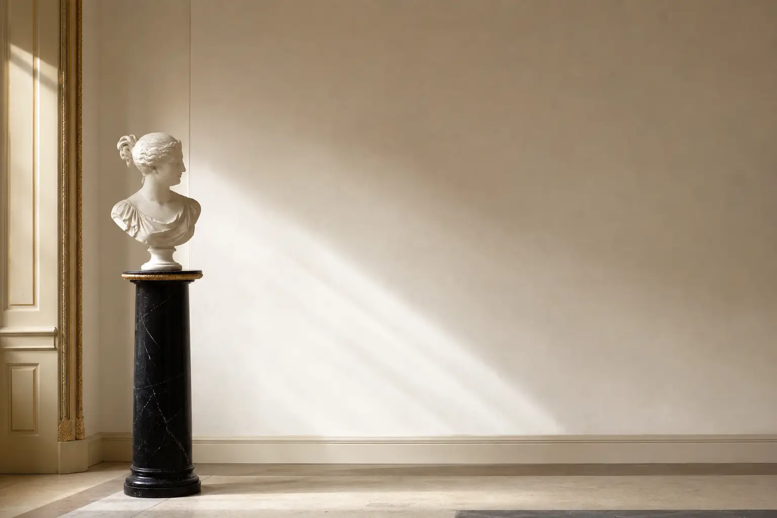 A plaster cast in an ivory room with vast empty wall