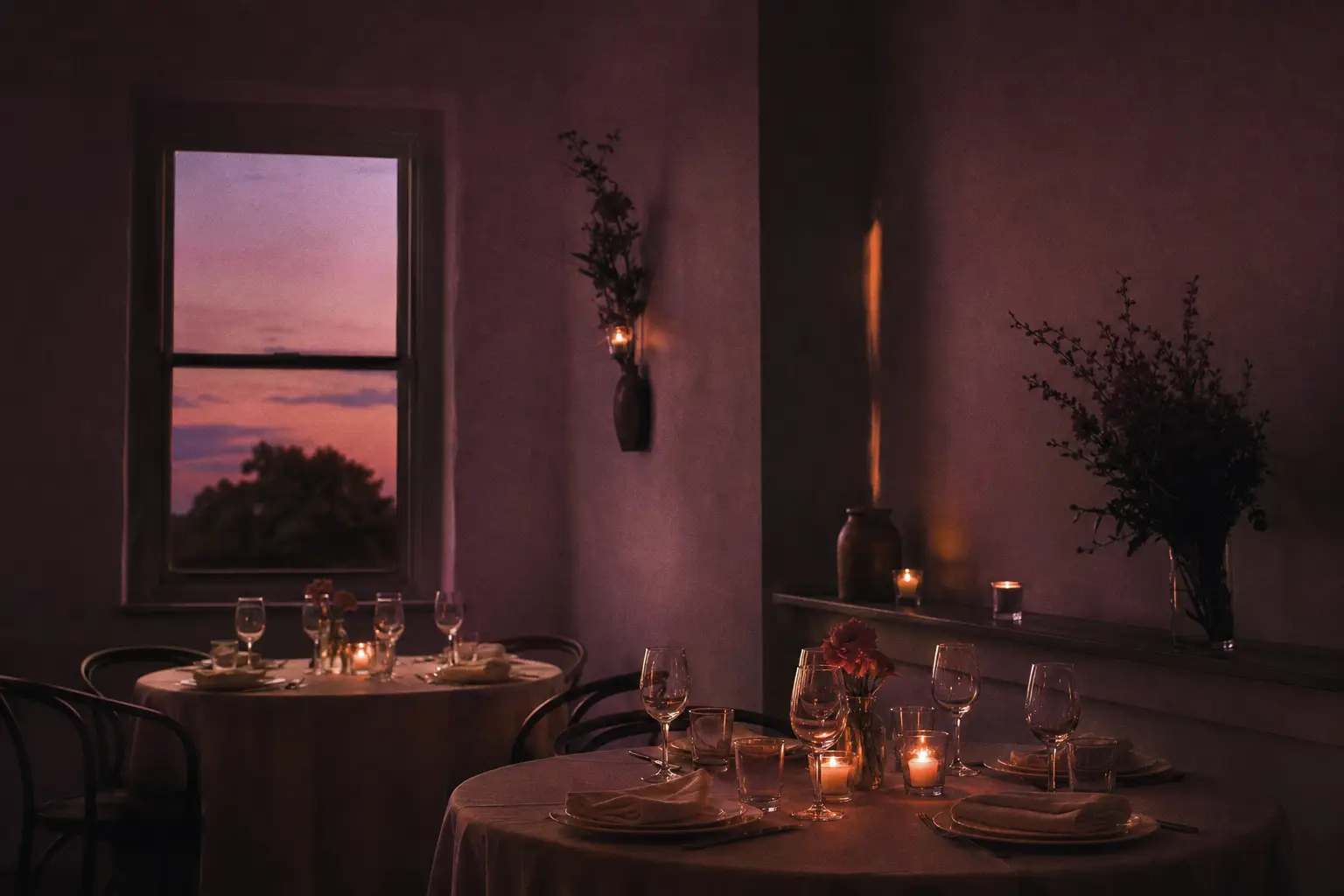 A dining room at dusk with laid tables and low warm light