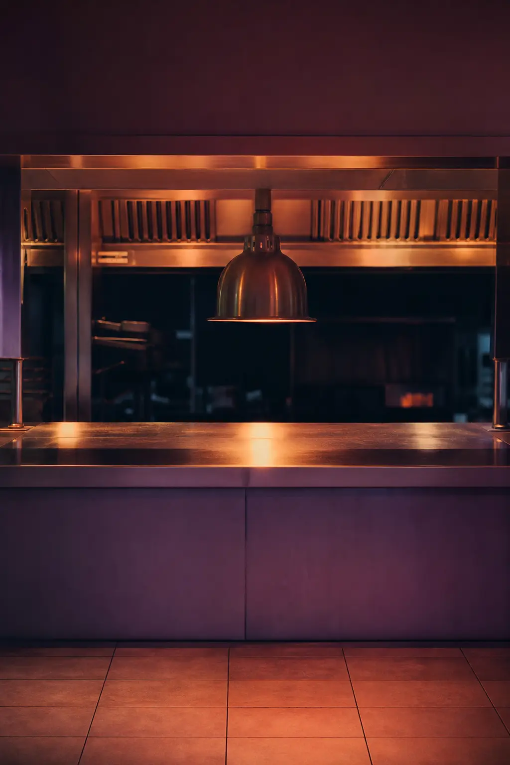 A stainless kitchen pass under warm service light