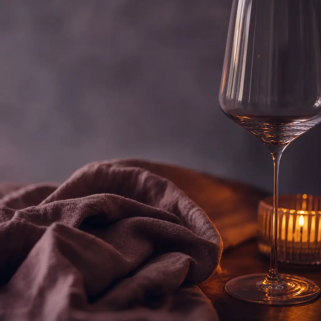 A close view of linen, a glass and a candle on a dark table