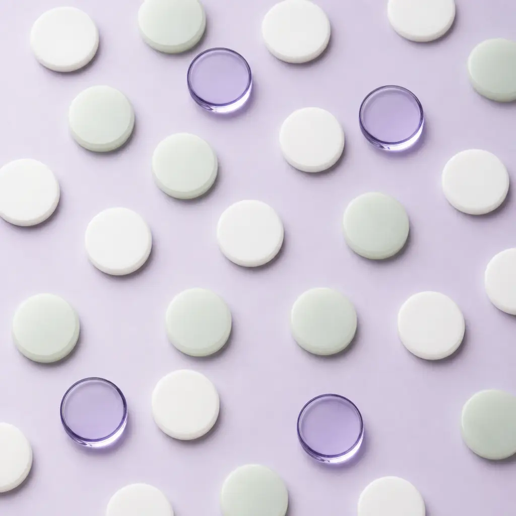 A flat-lay of plain white discs on a pale ground