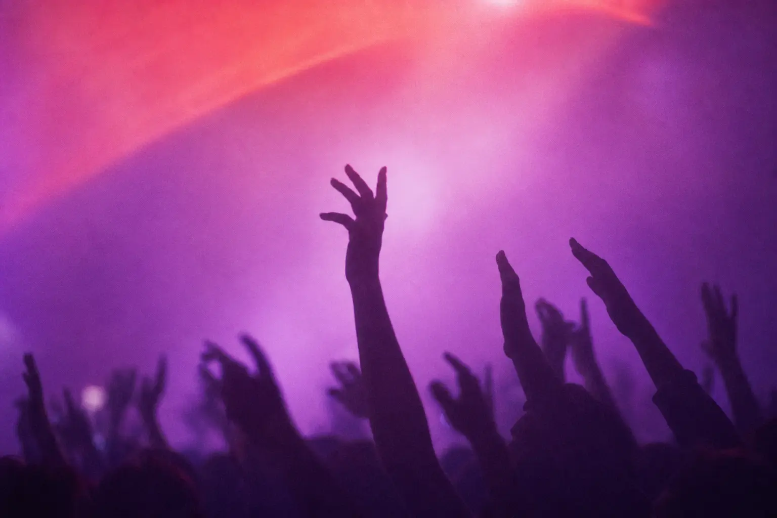Silhouetted hands raised against violet stage light